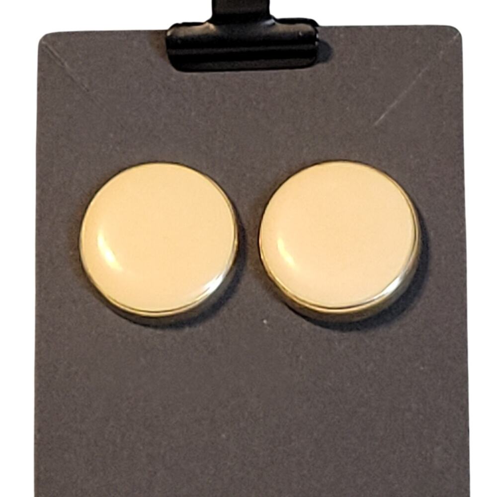 Vintage Gold Tone Round Enamel Stud Earrings Cream Pierced Minimalist 0.87”